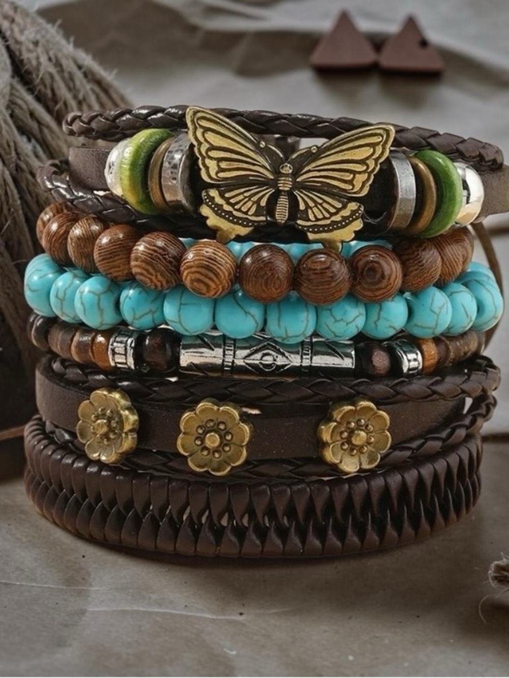 Boho Layered Bracelet Stack with Turquoise Beads & Butterfly Accent